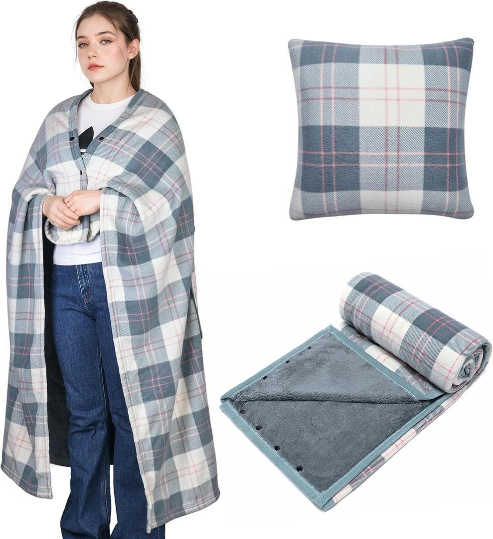 forestfish Wearable Blanket Compact Pillow 2-in-1, Lap Blanket Poncho with Button Plaid Throw Cushion for Home Office Sofa