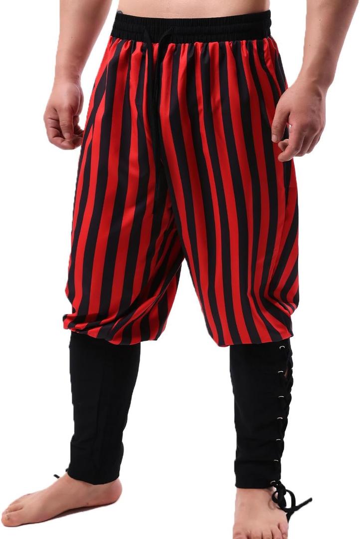 Men's Ankle Banded Pants Medieval Viking Navigator Pirate Costume Renaissance Gothic Halloween Cosplay Trousers (XX-Large, Black and Red)