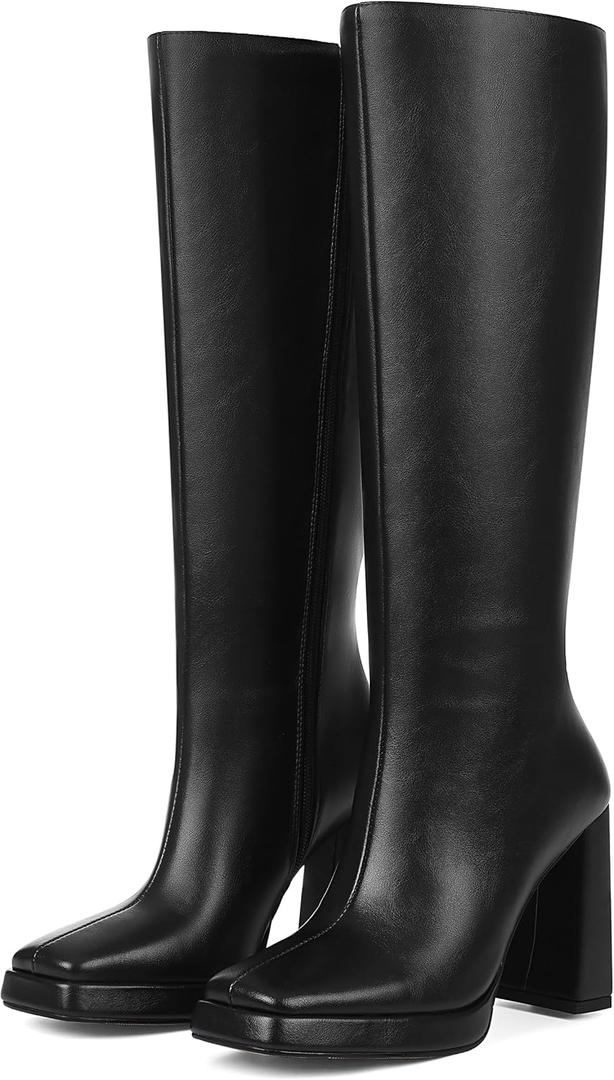 mikarka Knee High Boots for Women: Block High Heel Tall Boots - Side Zip Square Toe Vegan Leather Heeled Platform Long Fall Boots, Size 7.5