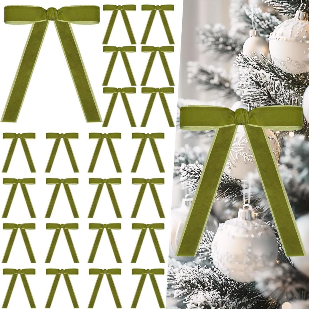 Artmag 24 Pcs Velvet Bows for Christmas Tree Rustic Bows Velvet Christmas Ornaments for Door Garland Wreath Gift Party Holiday Decoration (Width of 1 Inch,Olive Green)
