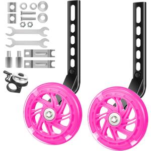 BNKIHDD Adjustable Bike Training Wheels for Kids – Mute Flash Wheels, Compatible with 12 14 16 18 20 inch Single-Speed Bikes Pink