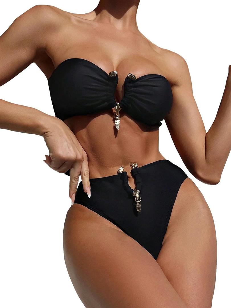 Women's 2 Piece Sexy Metal Ring Bandeau Bikini Set High Wasited Bathing Suit Tube Y2K Swimsuit M