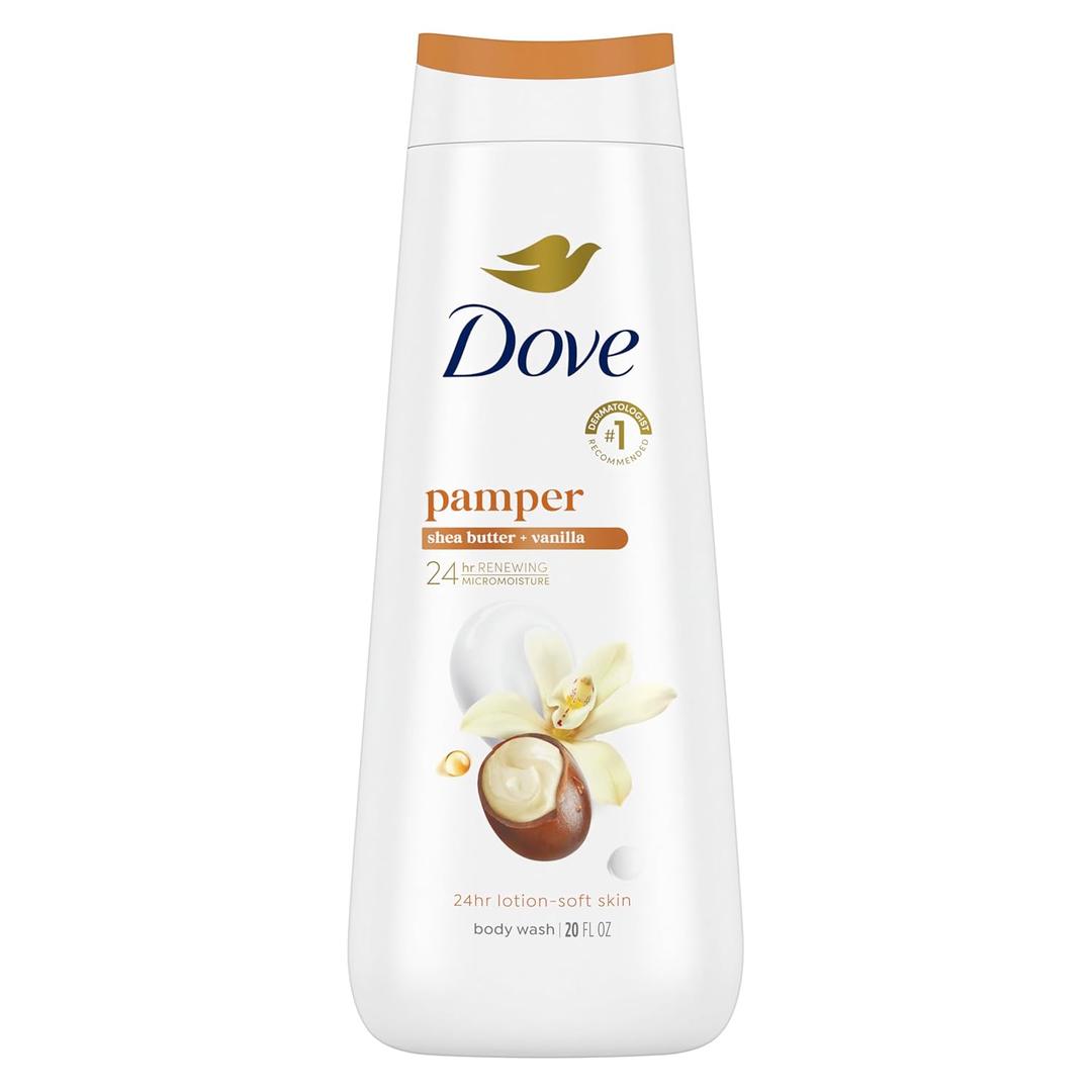 Dove Body Wash 3 Count Pampering Shea Butter & Vanilla, Healthy-Looking Skin Gentle Skin Cleanser with 24hr Renewing MicroMoisture 20 oz