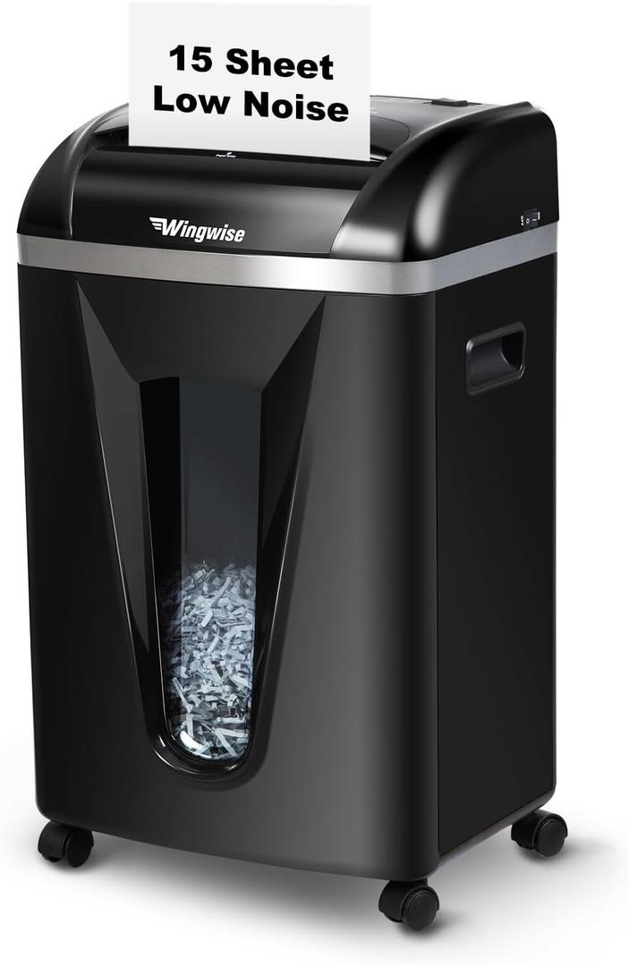 Wingwise 15-Sheet Paper Shredder with 58dB Quiet Operation, P4 Cross-Cut Security for Home Office, 15-Minute Run Time & 5.8-Gallon Bin Shreds Credit Cards & CDs