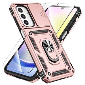 SunStory Phone Case for Samsung Galaxy A26 5G Case with HD Screen Protector & Slide Camera Cover & Rotated Ring Kickstand, [Heavy Duty Shockproof] Dual Layers Phone Case (Rose Gold, Galaxy A26)