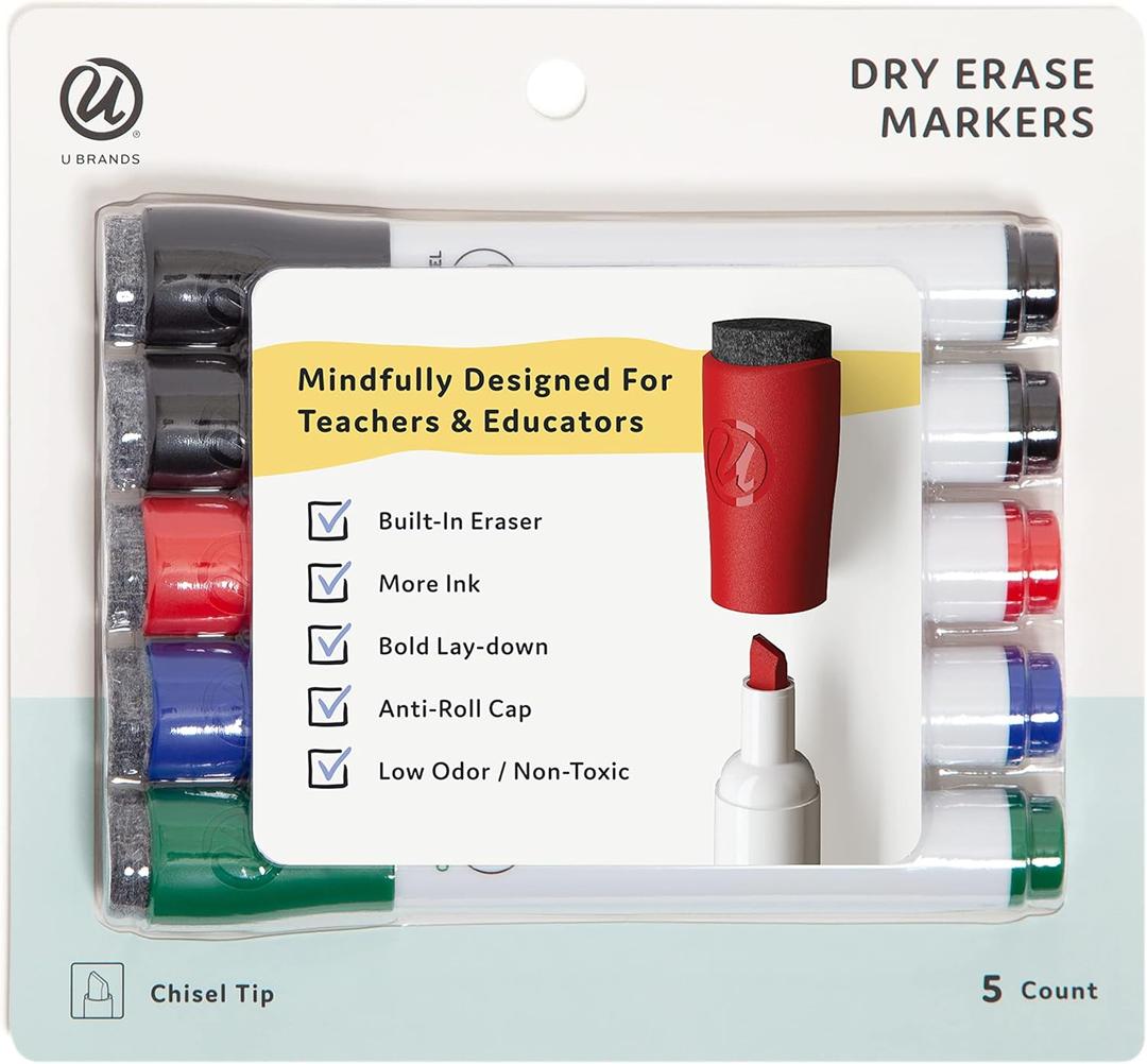 U Brands Fine Tip Dry Erase Markers with Eraser, Whiteboard Markers with Chisel tip, Extra Ink, Low Odor, Assorted Colors, Set of 5