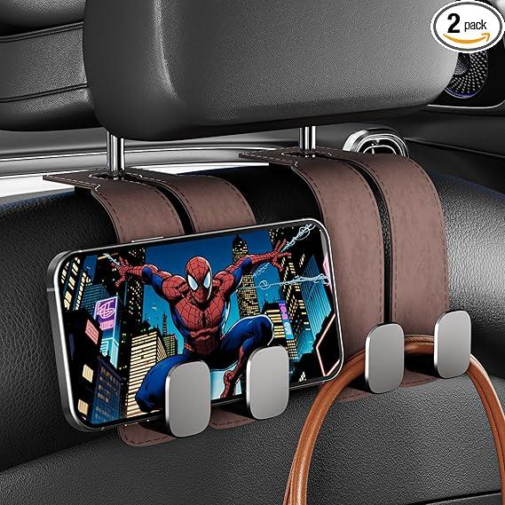 Ahuoeed Car Purse Hook for Headrest 2Pcs Headrest Hooks for Car Seat Back Storage,100% Leather Car Hanger with Metal Hooks, Suitable for Car Organizers and Storage, Seat, Bag, Purse(Brown)