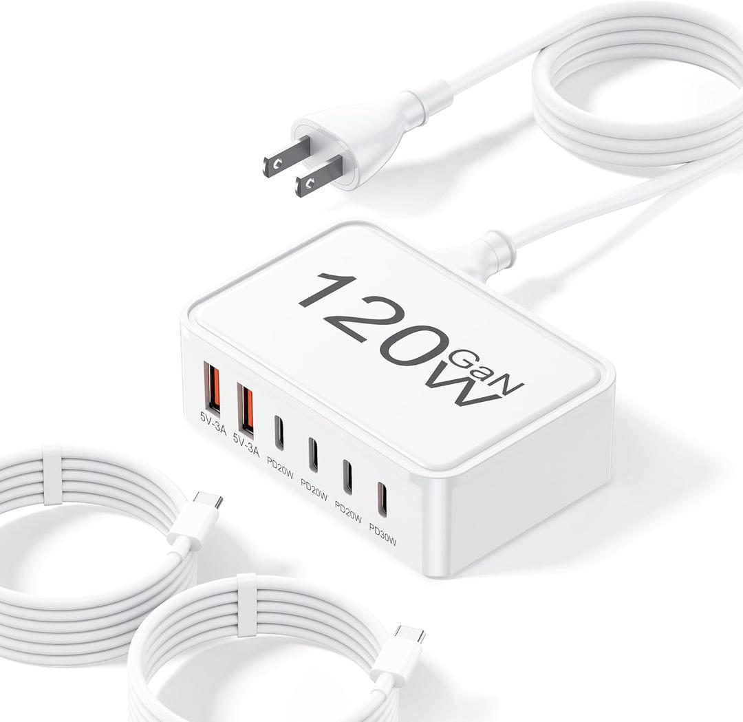 120W USB C Charger Block, 6 Port USB Charging Station for Multiple Devices, PD 30W Type C Multi Port Fast Charging Hub for iPhone 17 16 15 14 Pro Max ipad Samsung Galaxy, for Travel Home Office, White