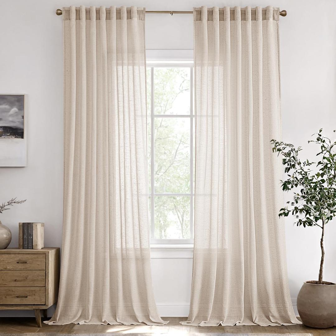 ANRODUO Beige Linen Curtains 102 Inches Long 2 Panels Back Tab Cream Neutral Rustic Farmhouse Drapes Extra Long Linen Blend Light Filtering Semi Sheer Linen Curtain for Living Dinning Room Bedroom