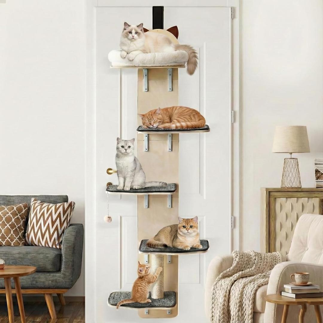 5-Levels Door Hanging Cat Climber, Vertical Door-Mounted Cat Tree Tower with Full Carpeted Plank & Cat Scratching Post for Small Medium Cats (5-Levels, Cat Head Style)