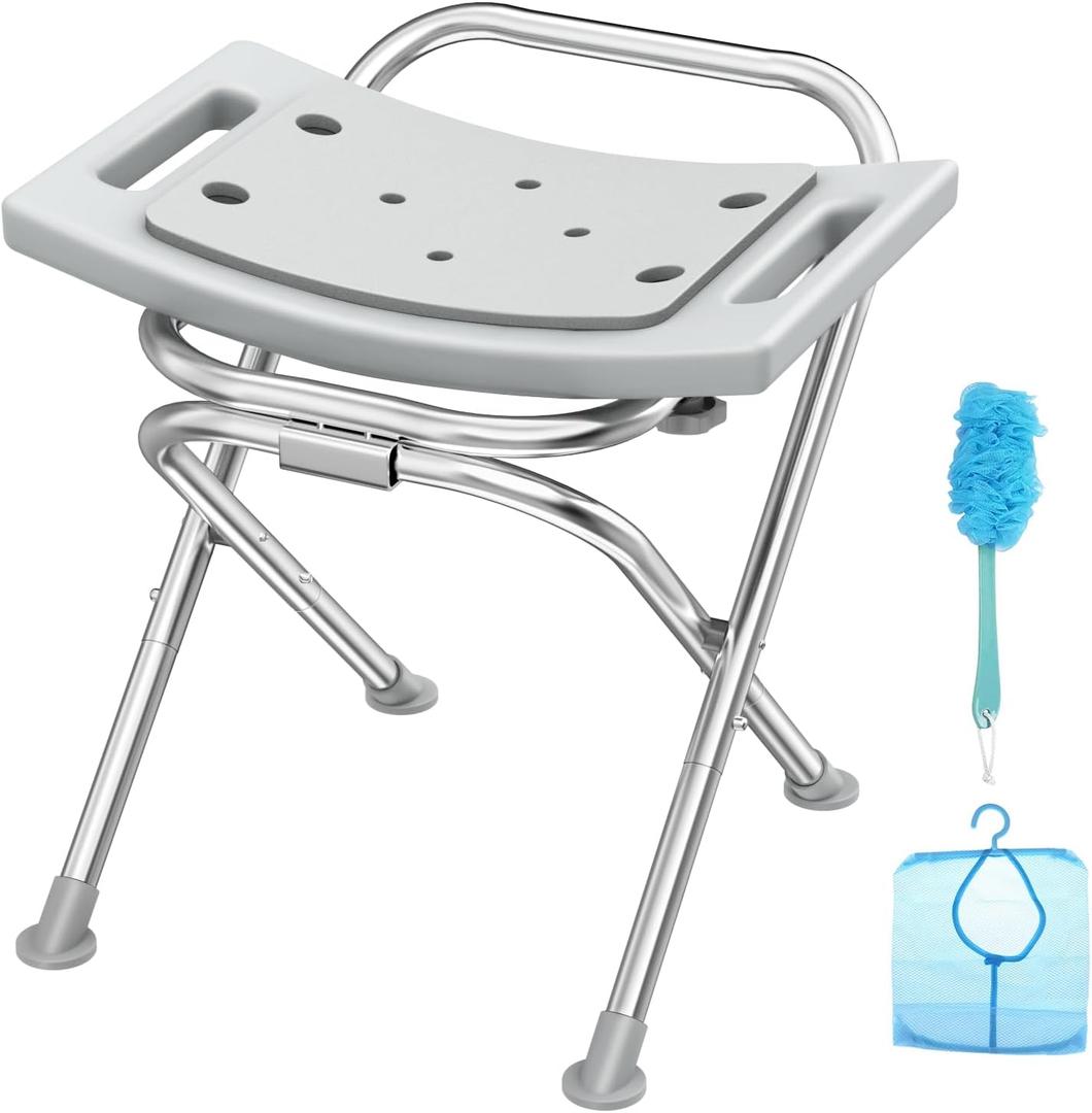 UGarden Folding Shower Chair Seat, 17.5" Stainless Steel Small Shower Chair for Inside Shower with Pad, 400lbs Portable Travel Shower Stool, Safety AntiSlip Bath Chair for Seniors, Disabled, Gray