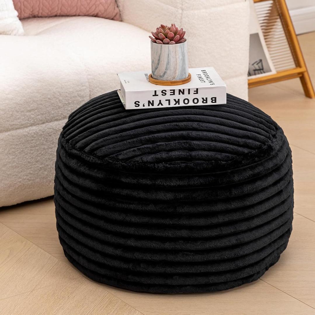Asuprui Pouf Ottoman Unstuffed Ottoman Foot Rest Floor Pouf 20x20x12 Inches Round Bean Bag Chair Foldable Floor Chair Storage for Living Room Bedroom Black Stripe (Black Pouf Cover No Filler)