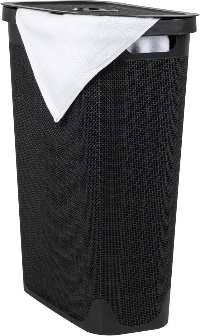 Mind Reader 40L Slim Laundry Hamper, Clothes Basket, Lid, Linen Design, Plastic, 18.5L x 10.75W x 23.5H, Black