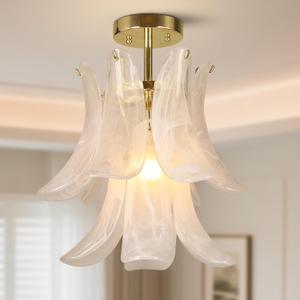 Modern Floral Pendant Light, Frosted Glass Petals Chandelier with Gold Finish,Single Light Hanging Fixture for Dinning Room,Living Room,Hallway.Size D15.94 xH13.97, Small