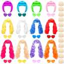 36 Pcs Colored Wig Set with 12 Pcs Wig Caps and Heart Shape Sunglasses, Long Curly Wigs to Short Bob Hair Wigs for Bachelorette Parties