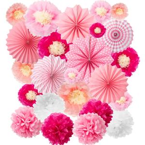 WILLBOND 24 Pcs Valentine's Day Paper Fans Decoration Set Including 12 Tissue Flowers 6 Hanging Fans Garlands Decoration 6 Paper Poms Ball Decor Flowers Kit for Wall Wedding Birthday(Rose Pink)