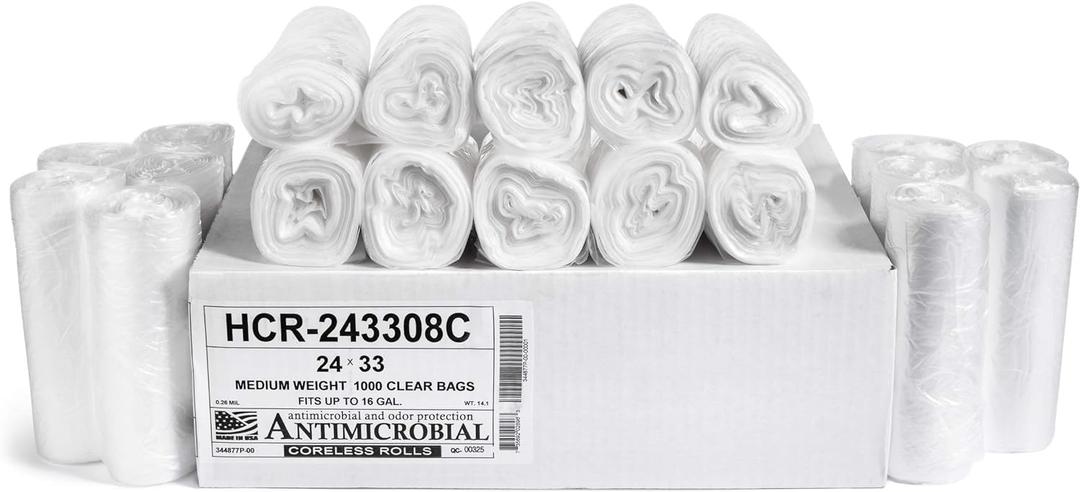 Aluf Plastics High Density Trash Bags, 16 Gallon, 1000 Count, 8 Micron (eq), 24" x 33", Clear, for Bathroom, Office, Industrial, Commercial, Janitorial, Municipal, Recycling