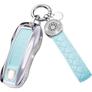 for Porsche Key Fob Cover with Keychain, Blue Leather Rhinestone Key Case Protection Shell Compatible with Cayenne 911 Taycan Panamera Remote Key Bling Car Accessories