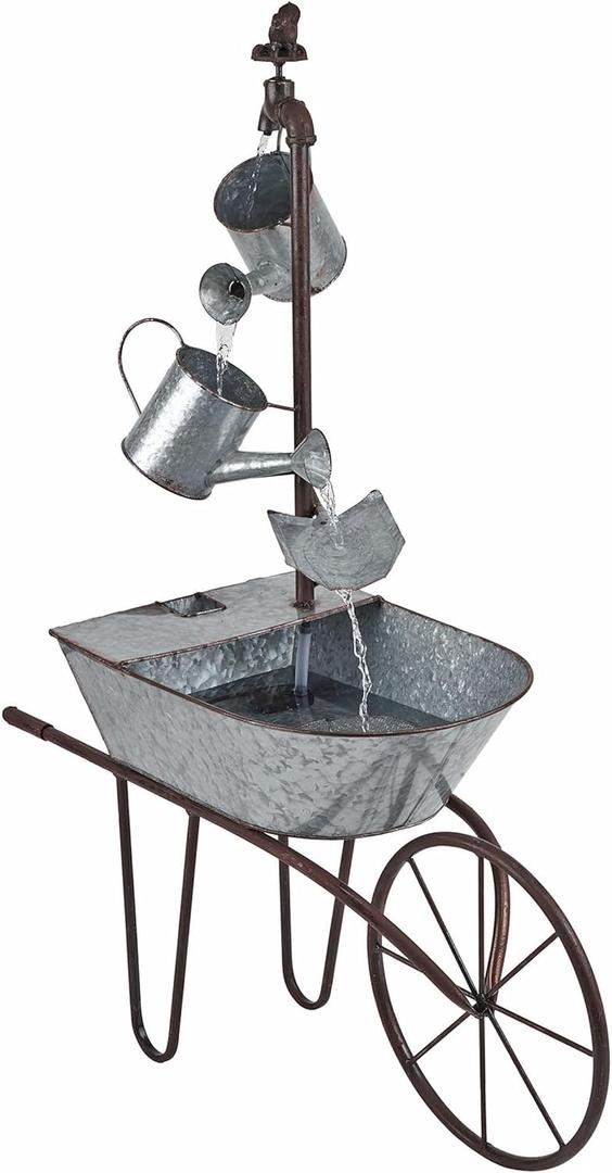 Alpine Corporation MCC574 Outdoor Floor Galvanized Shovel Pitcher Bucket Fountain, 41" Vintage Garden Water Feature, Patio & Backyard Dcor, Gray (Multicolor)