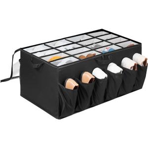 Shoe Organizer for Closet, Shoe Storage Solution with Clear Cover & Adjustable Dividers, Fabric Shoe Box Fits 16 +12 Pairs Shoes, Black, 1-Pack