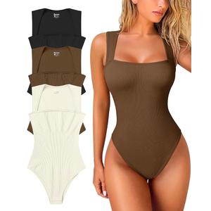 OQQ Women's 3 Piece Bodysuits Sexy Ribbed Strappy Square Neck Sleeveless Tummy Control Tank Tops Bodysuits S