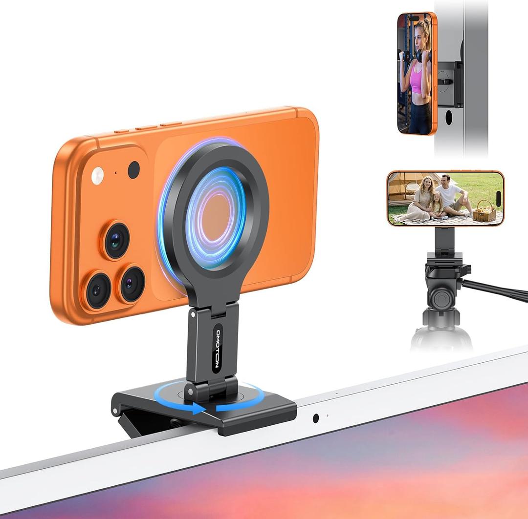OMOTON VC07 360Rotating Continuity Camera Mount for iMac Desktop Monitor Mount with 1/4" Screw, Adjustable Magnetic Phone Stand for MagSafe iPhone 17/16 Pro Max Air, Mac, Gym, TV, 4K, Laptop