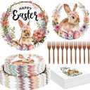 200 Pcs Easter Plates and Napkins Bulk Set, Disposable Dinner Plates, Vibrant Rabbit Floral Easter Decorations Includes Platters Napkins Forks, Spring Tableware for Egg Hunt Party Holiday Supplies