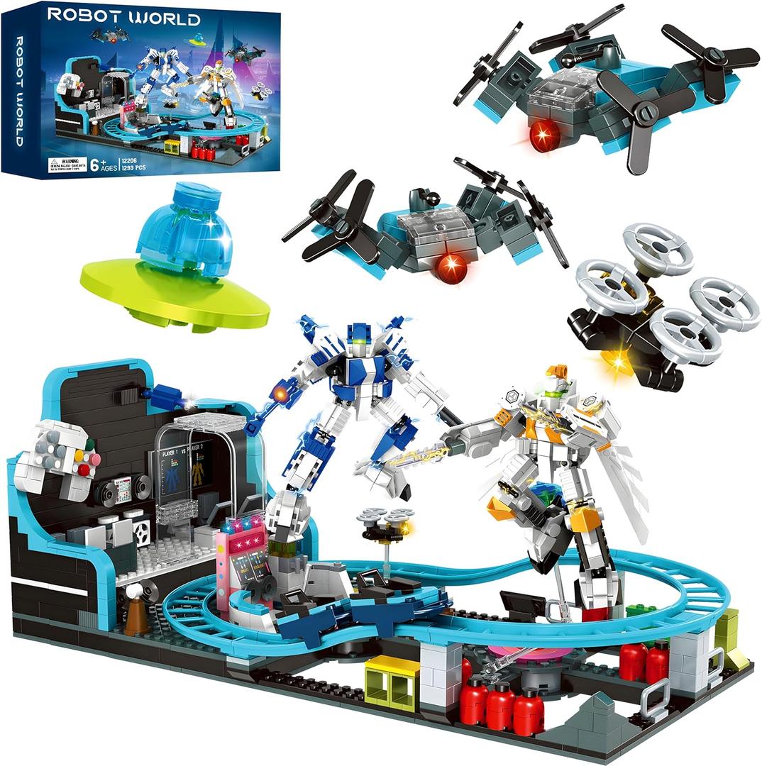 Toptrend Space Roller Coaster Toy, 1293pcs Robot STEM Building Toys Coaster Set for Kids 6-7 8-12 8-14, Creative Engineering Christmas Stockings Stuffers Gifts for 6 7 8 9 10 11 12 13 14 Year Old Boys