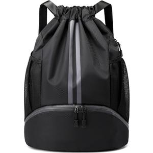 Drawstring Backpack Gym Bag with Shoes Compartment for Soccer, Basketball, Swim, Water-Resistant String Backpack Beach Cinch for Women Men (Large, Black)