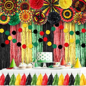 Blosssound 21 Pcs Black History Month Decorations African American Foil Backdrop Hanging Paper Fans Pompoms Banner for Black History Month Juneteenth Classroom Office Decor