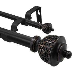 1 Inch Black Double Curtain Rod with Vintage-style Finials-Tension Curtain Rods 28-48 Inchs for Bedroom&Home Decor