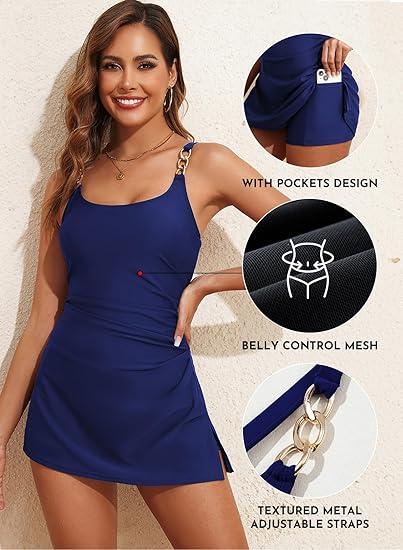 Aleumdr One Piece Swimsuits Women Swim Dress Skirted Tummy Control Bathing Suit Modest Swimwear with Pockets, L