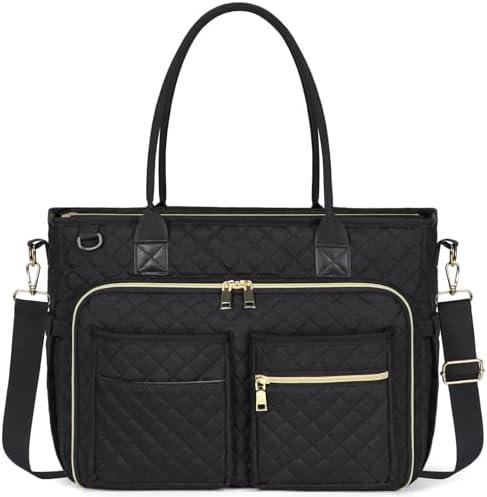 Multi-functional Quilted Tote Bag: 15.6" Laptop Work Bag, Nurse Bible Bag, Teacher Shoulder Handbag for School/Travel (Black)