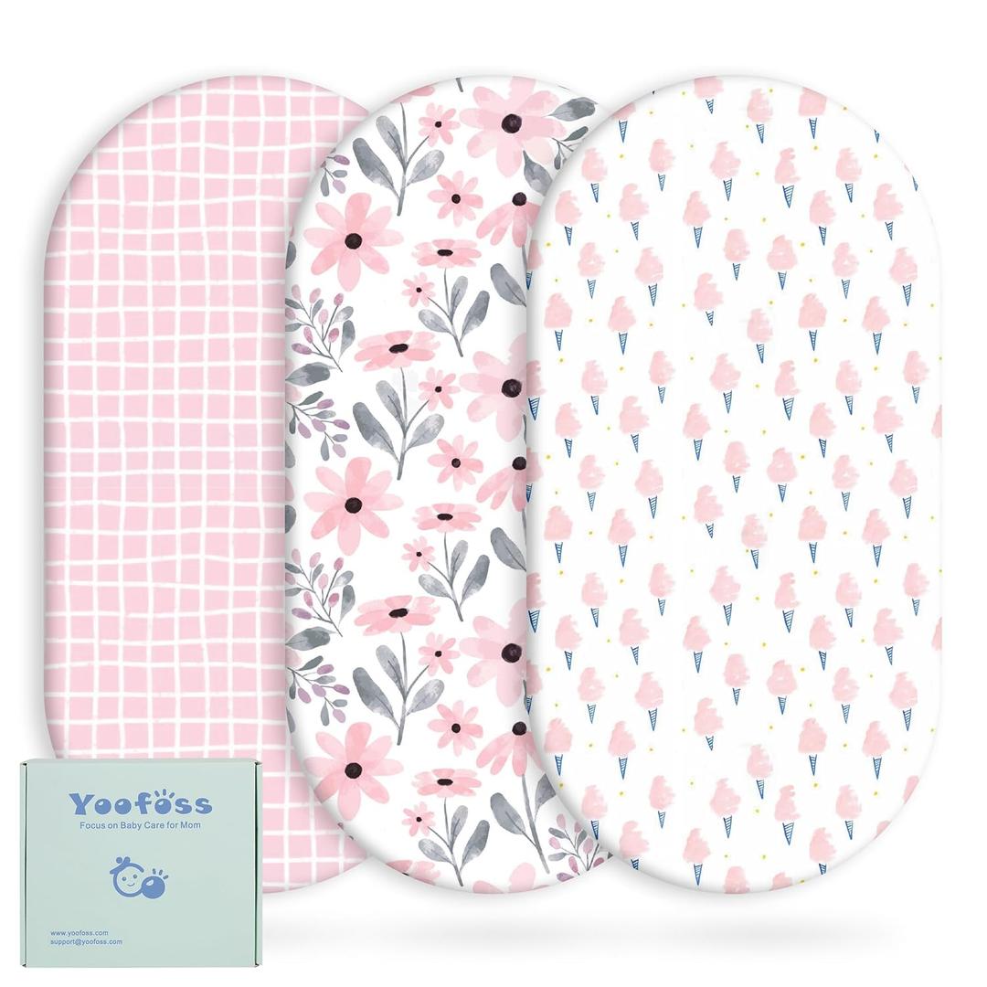 Yoofoss Bassinet Sheets for Baby,3-Pack Fitted Bassinet Sheets Set Compatible with Halo Bassinest Swivel Sleeper,Baby Delight,Angelbliss,Soft Breathable Bassinet Mattress Sheets (Pink+Floral)