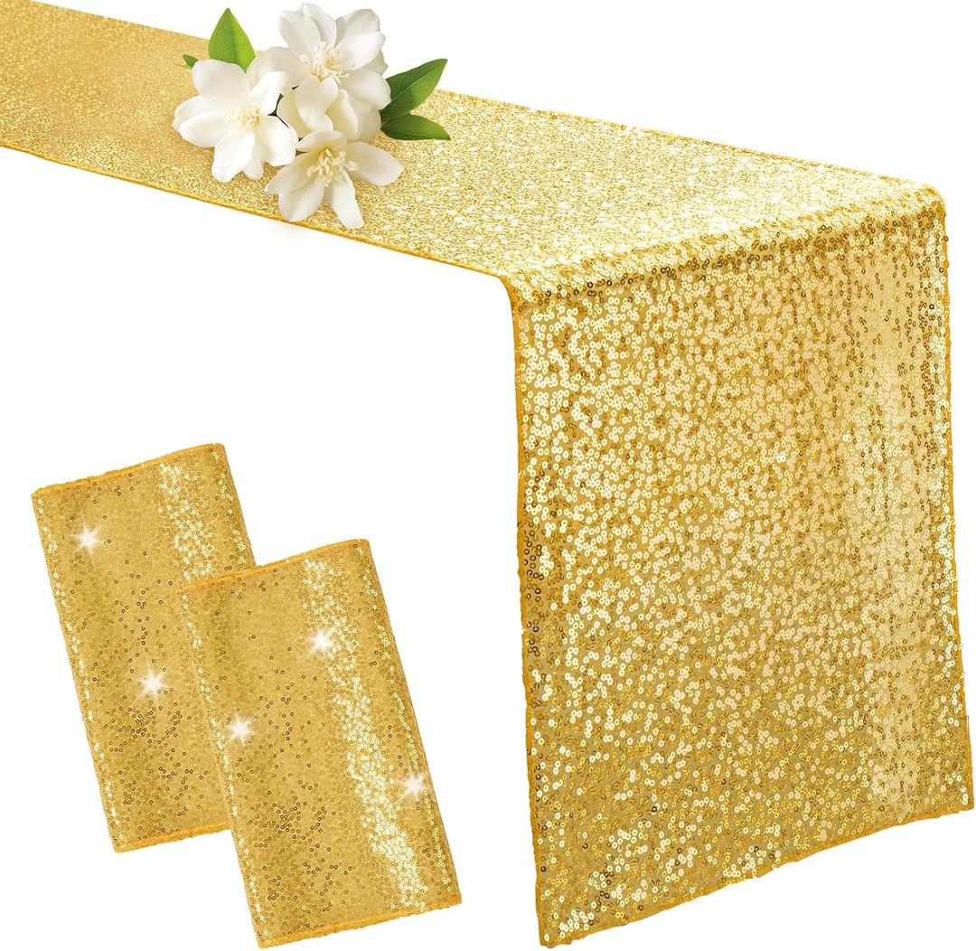 Aormenzy 2 Pack Gold Sequin Table Runner 12" x 72", Glitter Sparkle Sequin Runners for Birthday Party Wedding Banquet & Baby Shower, Party Table Decorations Supplies