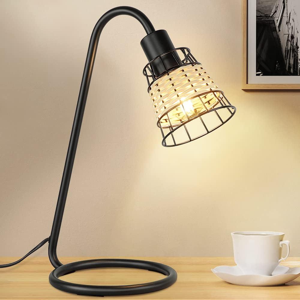 Depuley Industrial Table Lamp, Modern LED Desk Lamp, Black Metal Bedside Nightstand Lamp with Rattan Shade, Small Table Lamps Rattan for Bedrooms, Living Room, Office, Study, E12 LED Bulb Included
