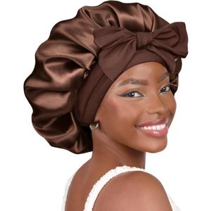 YANIBEST Adjustable Silk Bonnet for Sleeping Women Double Layer Satin Bonnet Reduce Friction Prevent Frizz Curly Hair (Large, Brown)