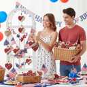 Leinuosen 12 Pcs Independence Day Tree Decorations Patriotic Vintage Red Heart Ornaments Retro Love Music Score Striped Star Design with Lace and Beads Romantic Hanging Decor for Home Wedding Party