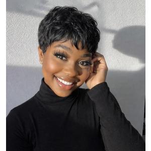 Pixie Cut Wig Human Hair Wigs Put on and Go Glueless Wigs Human Hair with Bangs Ready to Go Pixie Cut Wig for Women Short Wigs with Bangs for Black Women Full Machine Wig Beginner Friendly Wigs(1B#)