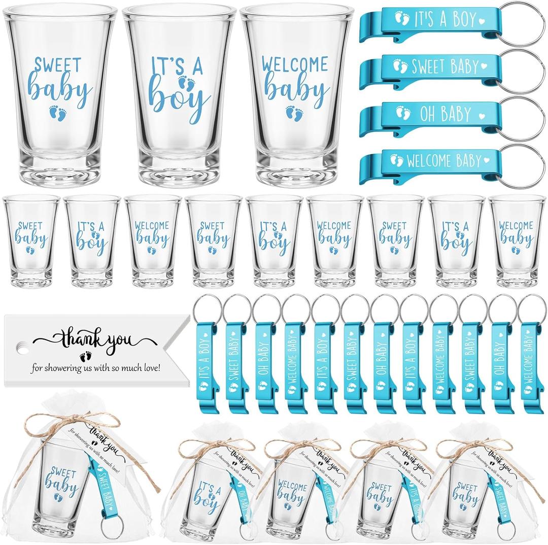 Pickmesh 96 Pcs Baby Shower Party Favors for 24 Guest, Boy or Girl Shot Glasses Gifts, Bottle Openers, Thank You Tags, Organza Bags Baby Shower Prizes for Guest Return Gifts Gender Reveal Party(Blue)