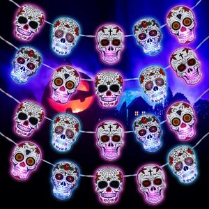 Ganeen Halloween Skull Decorations Halloween Suger Skull String Lights 10 ft 20 LED Day of The Dead Skeleton Hanging LED Lights Battery Operated Dia De Los Muertos Indoor Outdoor Decor
