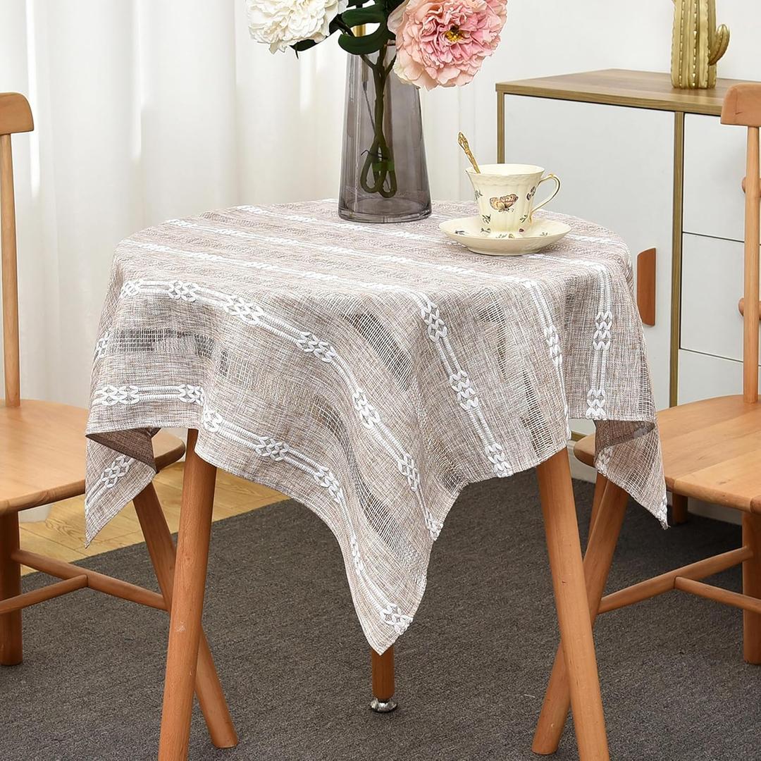 Rustic Striped Embroidery Small Square Tablecloth, Openwork Heavy Weight Linen Wrinkle Resistant Tablecloths End Table Cover for Nightstand Bedside Table Decor 36x36 Inch Brown