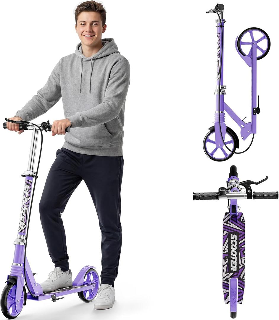 Scooters for Kids 8-12, Teens & Adults - Load 240 LBS, 8-Inch Wheels, Kick Scooter with Shock Absorption System, Hand Brake & Bell, 4 Adjustable Height Levels, Perfect for School, Commuting or Park