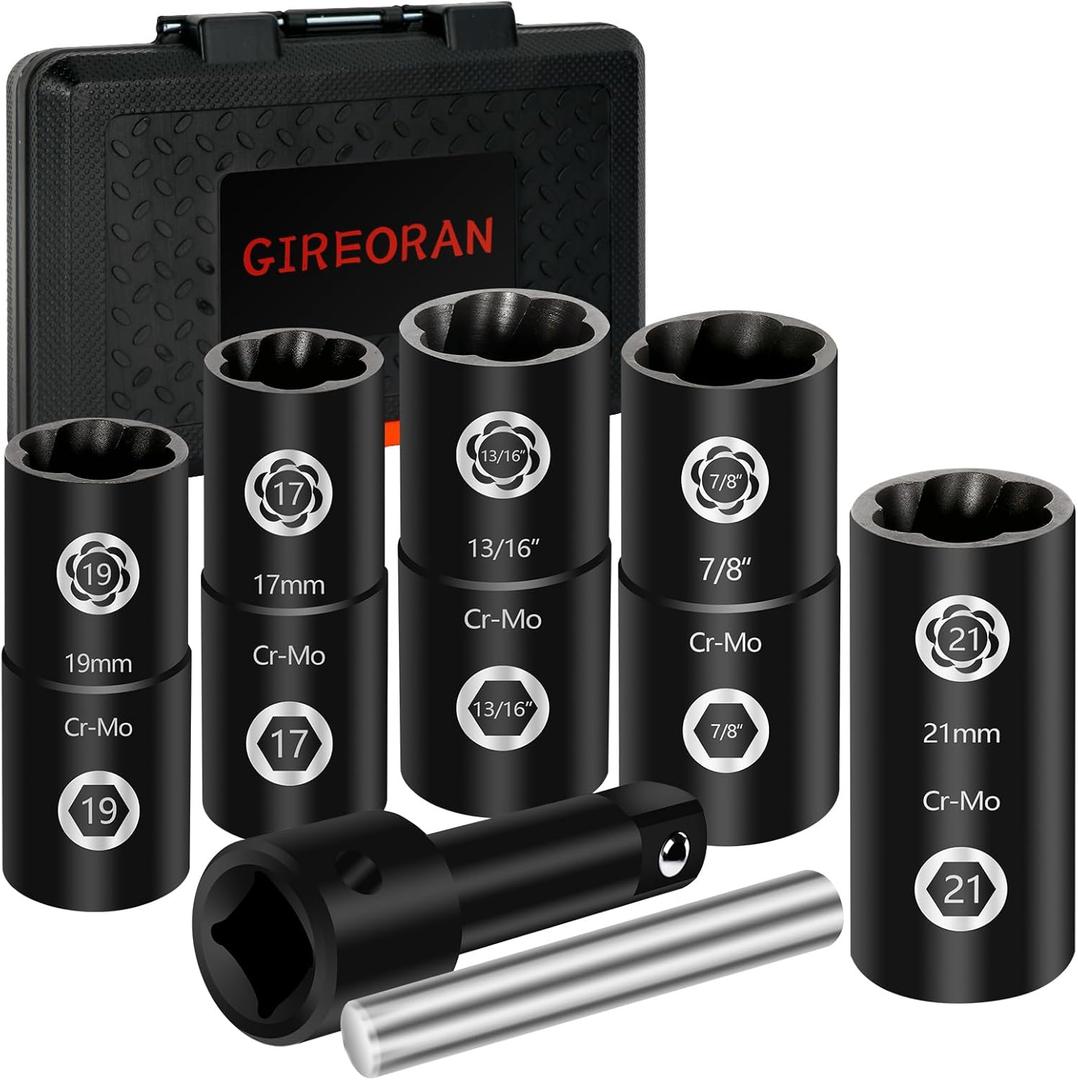 GIREORAN 2 IN 1 Lug Nut Socket Set & Wheel Lock Removal Kit, 7 Piece Flip Socket Design Lug Nut Remover for Installing Standard Hex Nut, Bolt and Removal of Stripped, Rusted, Rounded-Off Bolts, Nuts