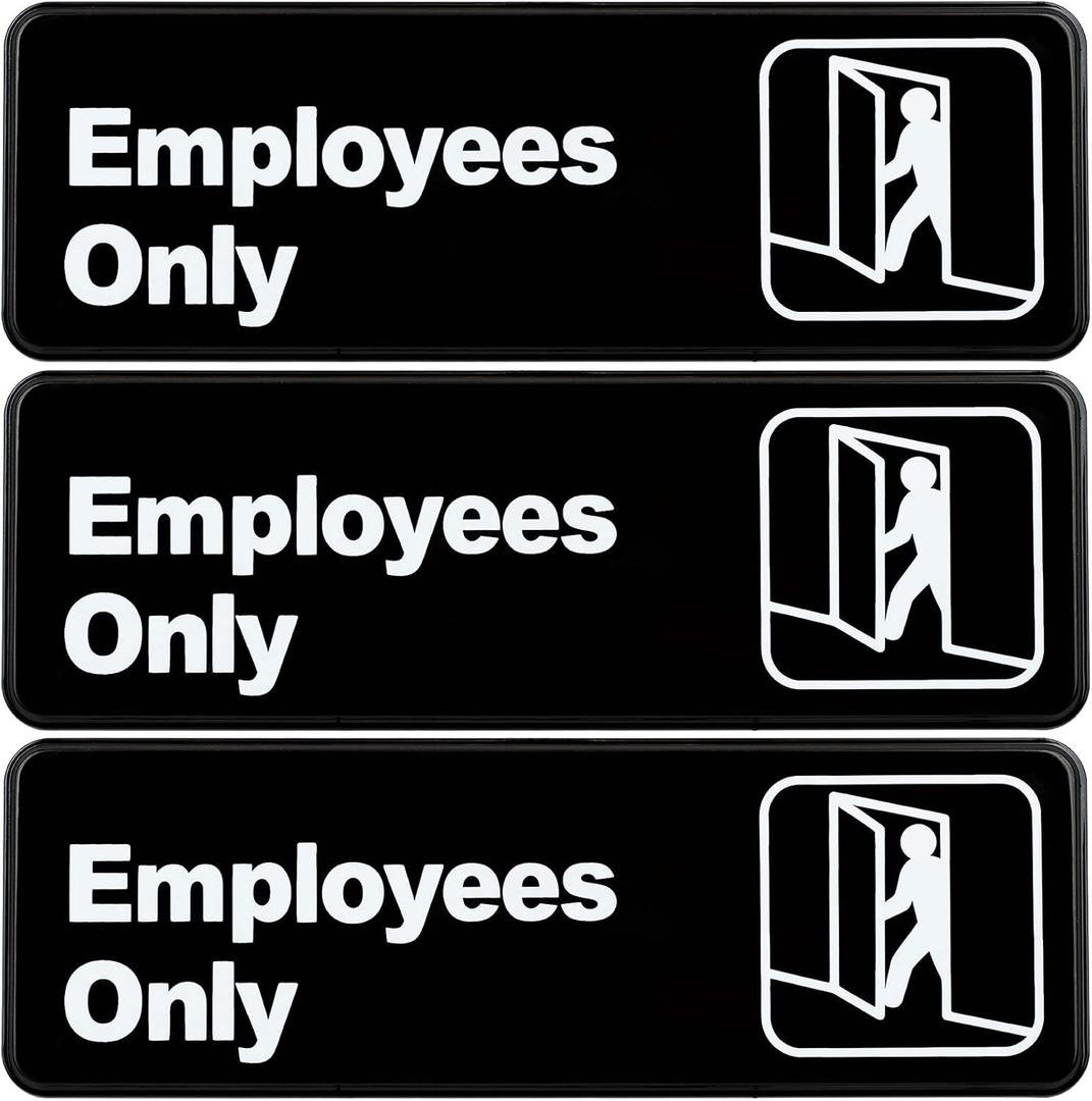 Excello Global Products Employees Only Sign: Easy to Mount Informative Plastic Sign with Symbols 9"x3", Pack of 3 (Black)