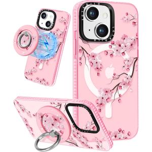 for iPhone 15 Plus Case for Women - Girls Kawaii Design Compatible with Magsafe Magnetic Ring Holder Stand Peach Blossom Phone Covers Aesthetic Girly TPU Funda for 15 Plus