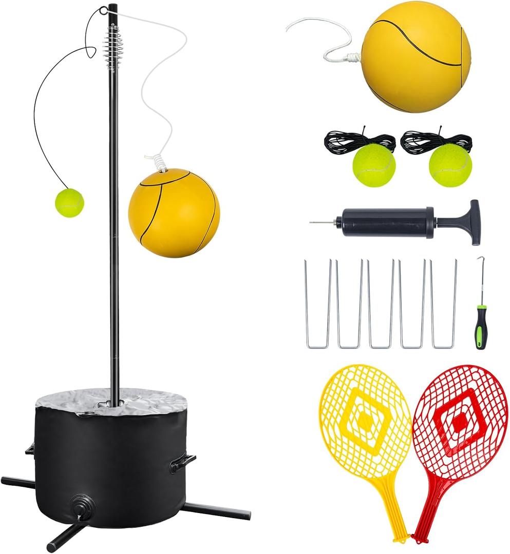 Tetherball Tennis&Tetherball Set,Heavy Duty Tetherball Equipment with Pole for Backyard,with 8.07 Feet Adjustable Height Pole,2 Tennis Balls,2 Rackets,1 Tetherball with Rope,Fun Family Lawn Game