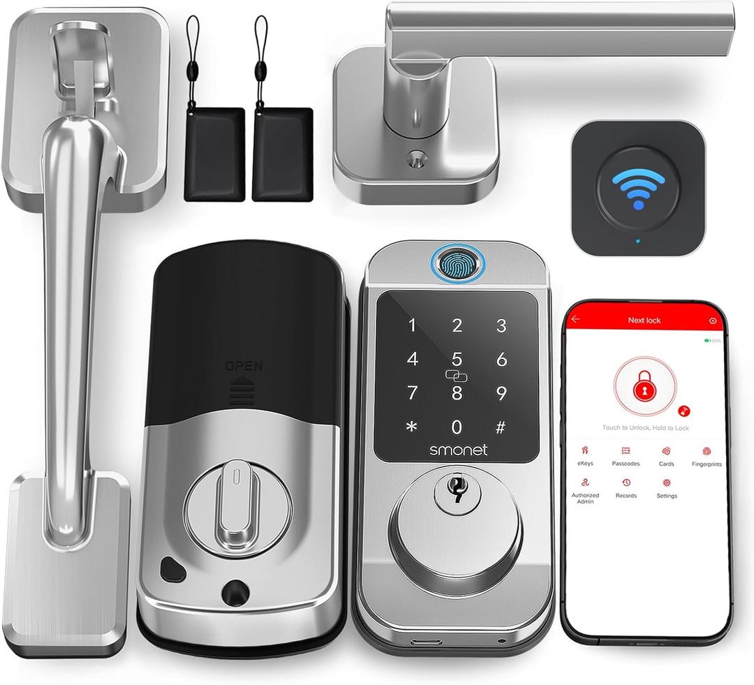 WiFi Front Door Lock Set - Keyless Entry Door Lock Deadbolt with Handle SMONET Fingerprint WiFi Smart Deadbolt, Digital App Control Keypad Auto Lockset with Code Fob App Compatible with Alexa Silver