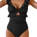Aidonger Women's One Piece Swimsuit Tummy Control Ruffle Bathing Suit V Neck Ruched Swim Suit Slimming Cutout Swimwear (Black, XL)