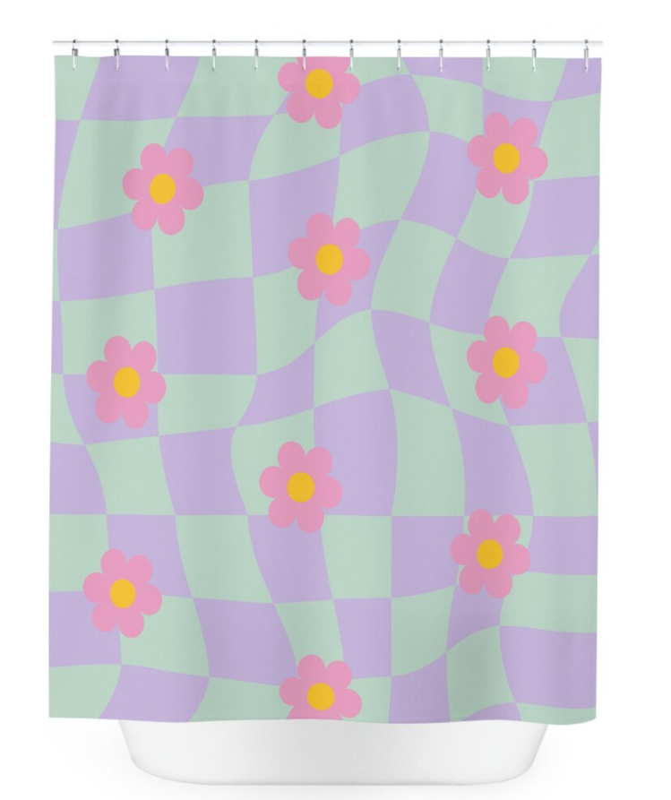 Sage Green Purple Wavy Checkered Boho Shower Curtain, Checkerboard Daisy Flower Shower Curtain, Danish Pastel Y2K Decor, Funky 90s Bathroom
